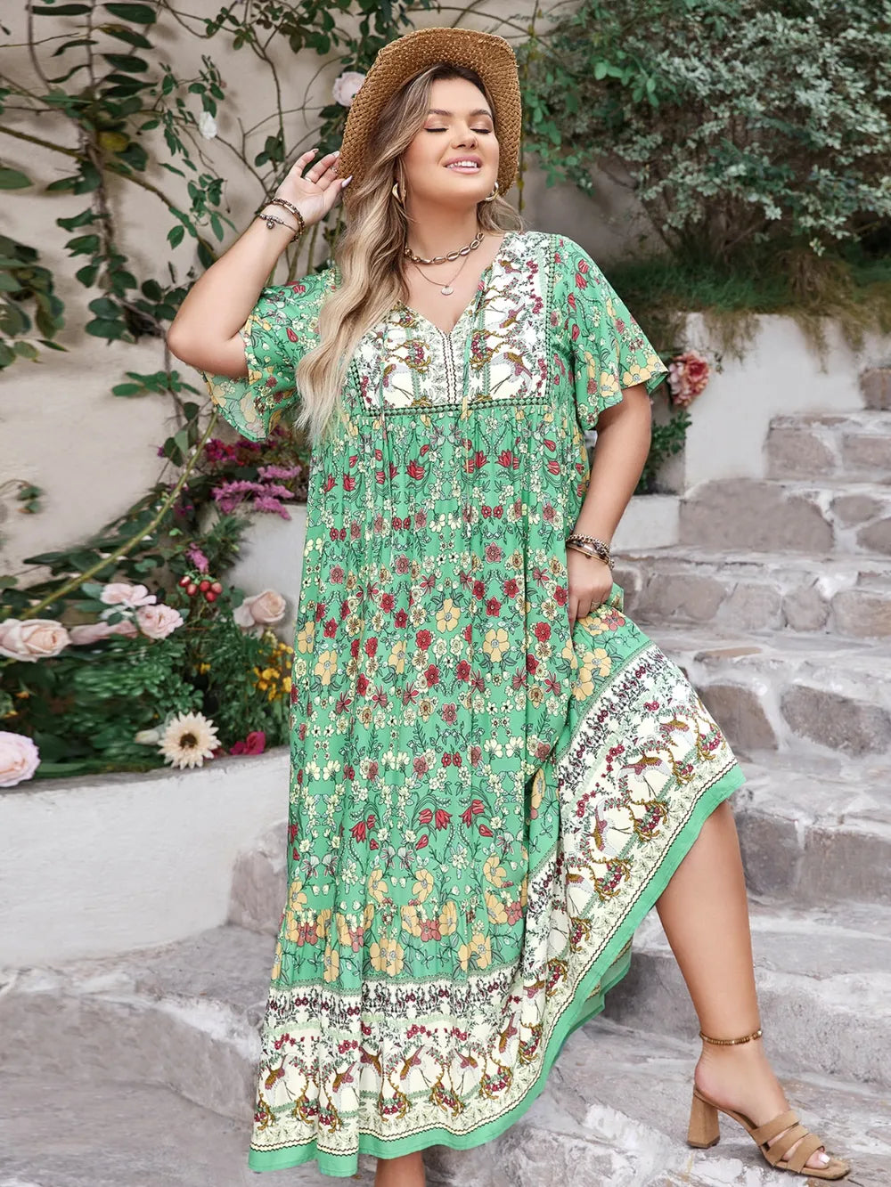 Floral Tie Neck Flutter Sleeve Maxi Dress - alternate view 6