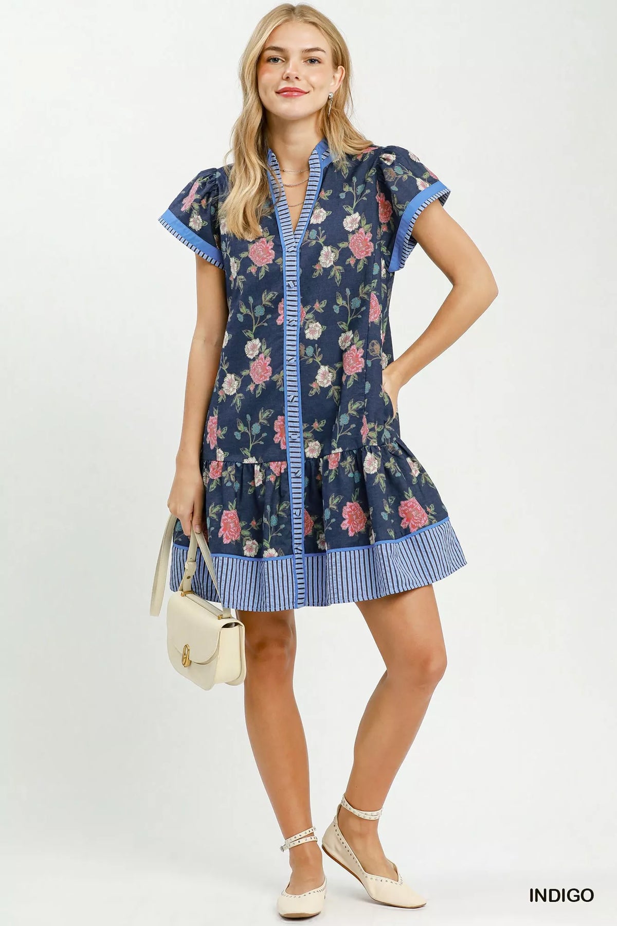 Floral Contrast Trim Ruffle Hem Mini Dress - alternate view 5