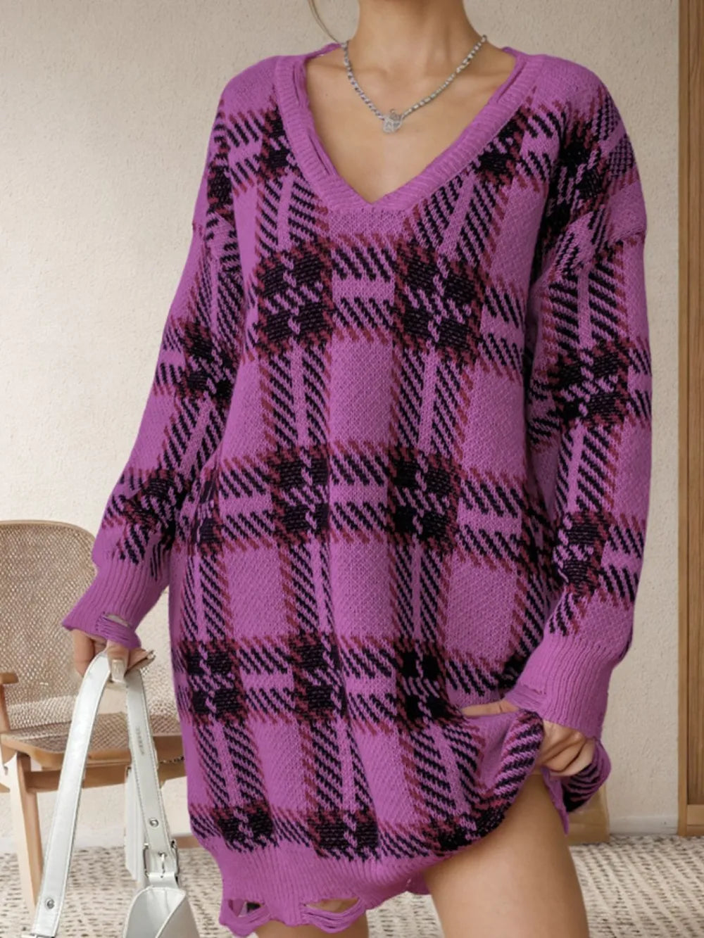 Distressed Plaid V-Neck Long Sleeve Sweater Dress - alternate view 5