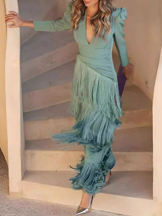 Fringed V-Neck Puff Sleeve Maxi Dress - alternate view 3