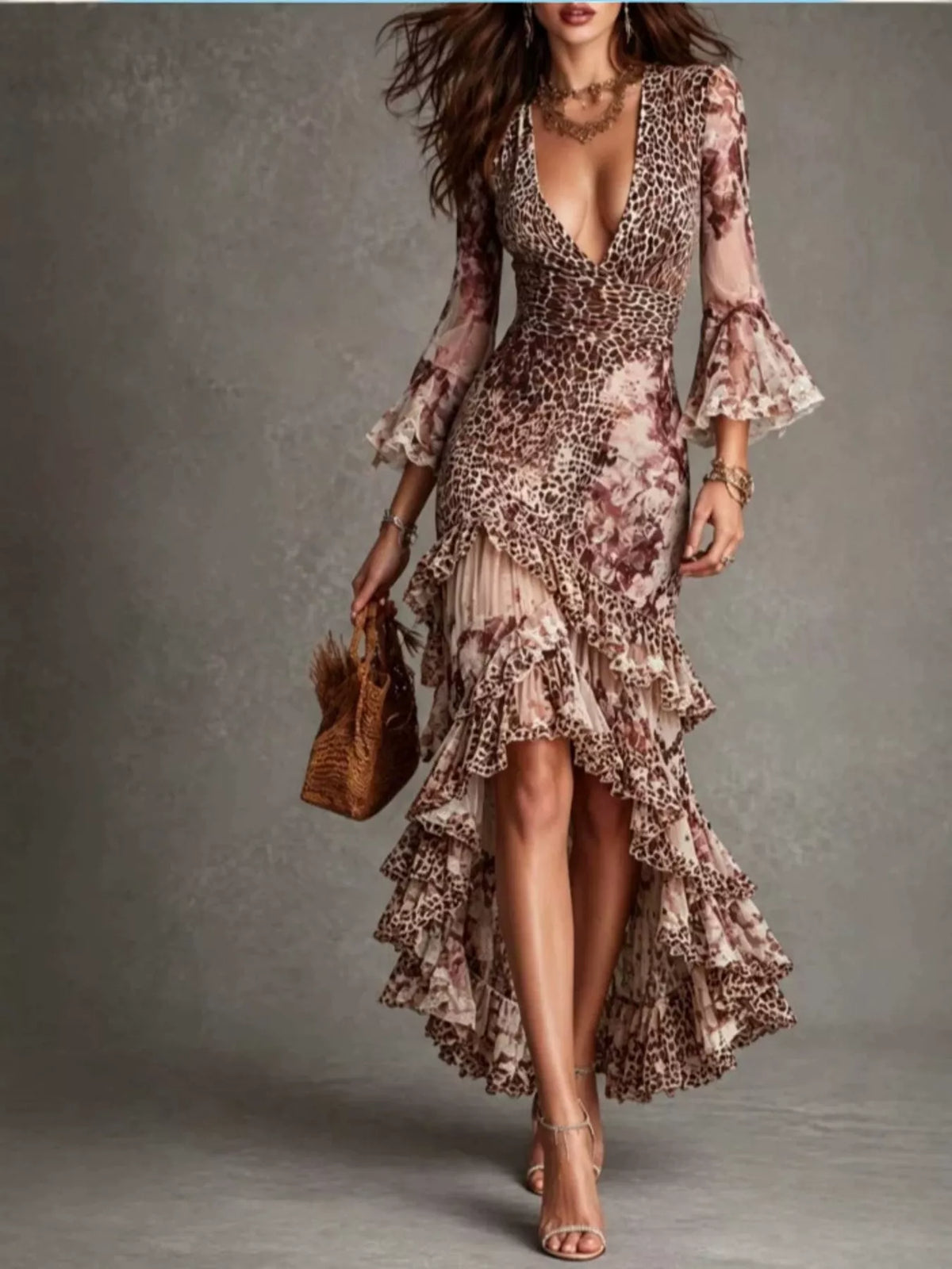 Leopard Print High-Low Ruffle Hem Maxi Dress