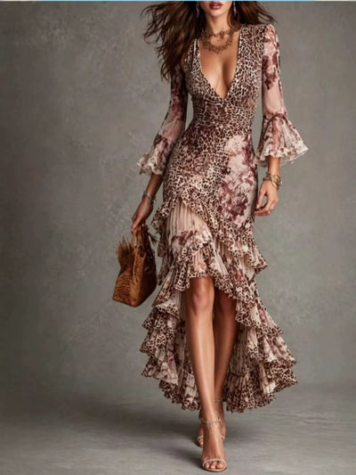 Leopard Print High-Low Ruffle Hem Maxi Dress