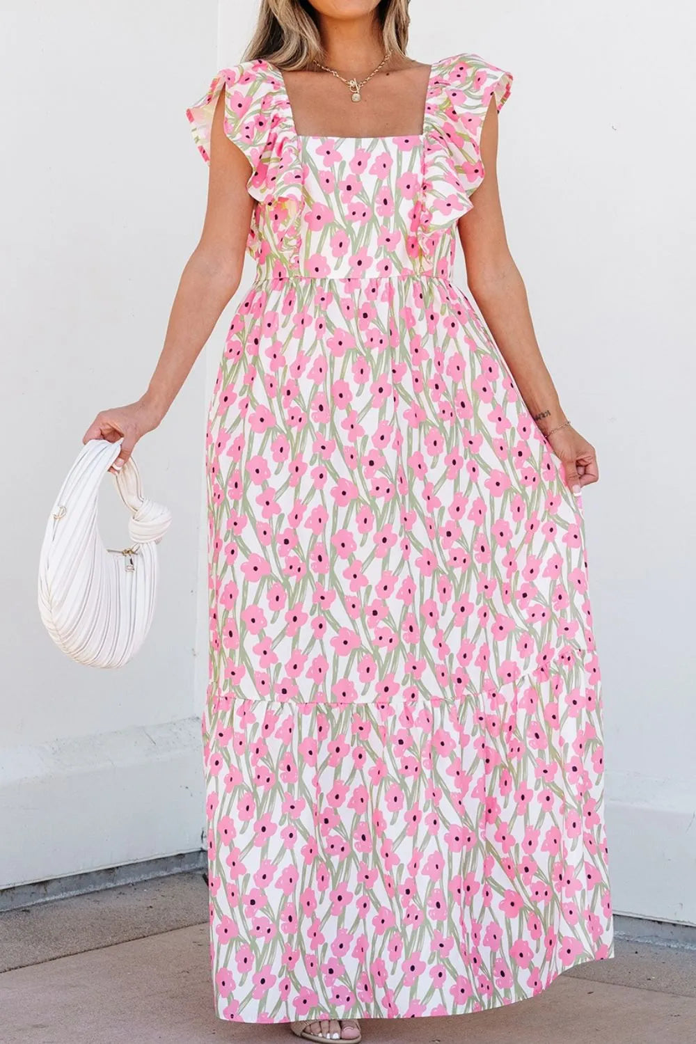 Floral Print Square Neck Ruffled Cap Sleeve Maxi Dress - alternate view 5
