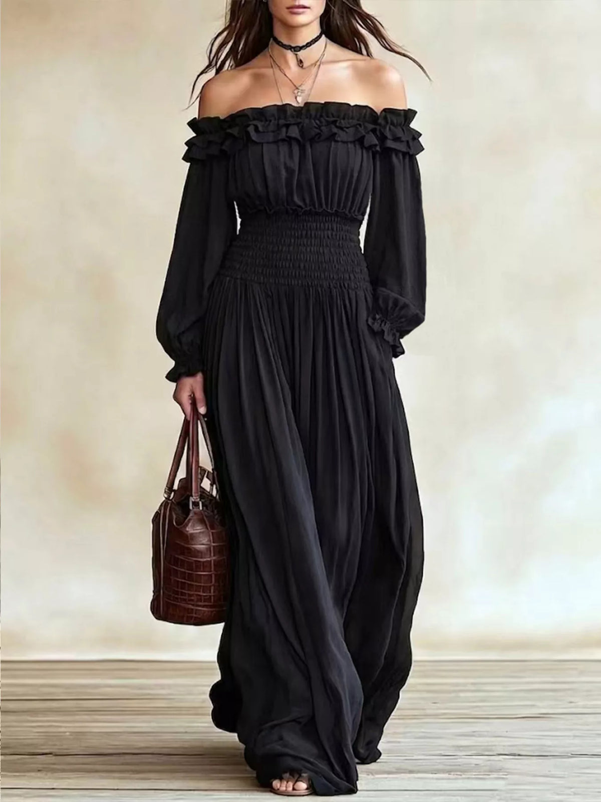 Full Size Off-Shoulder Ruffled Smocked Waist Maxi Dress with Pockets Plus Size - alternate view 4