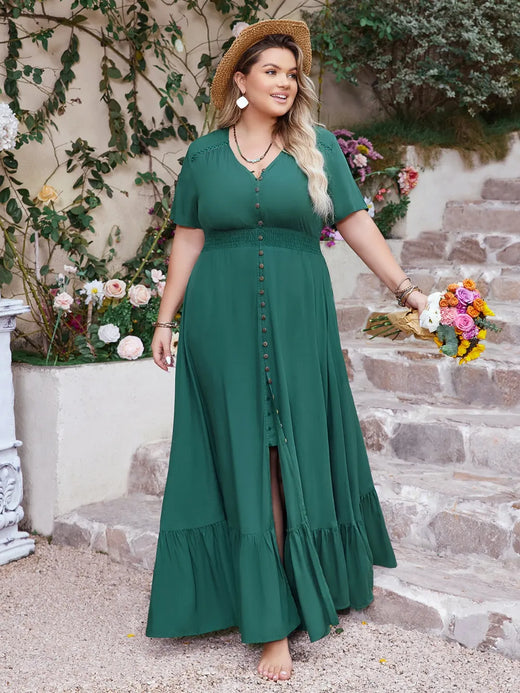 Button Detail V-Neck Short Sleeve Maxi Dress - alternate view 2