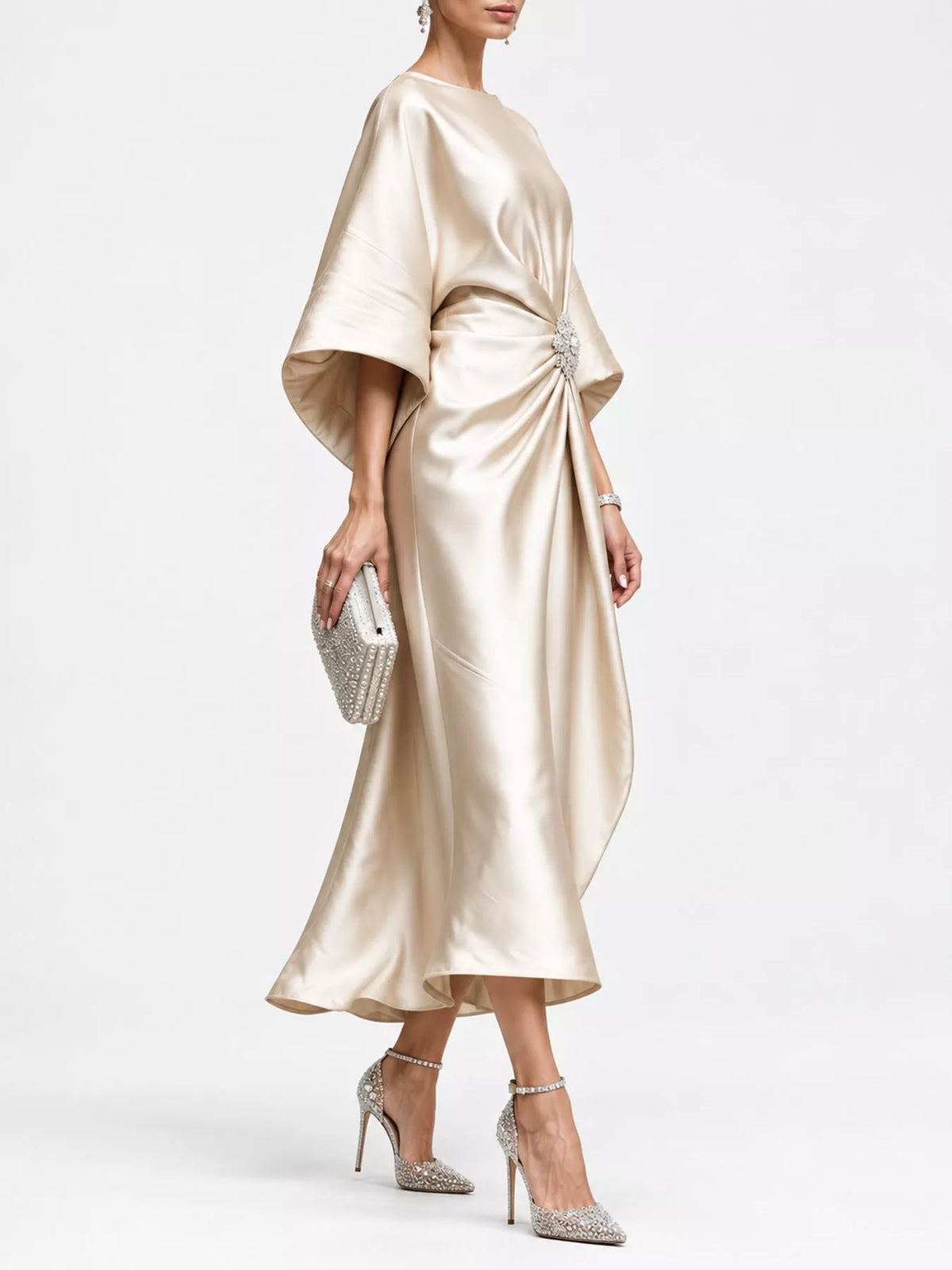 Full Size Satin Draped Evening Dress with Crystal Brooch Plus Size - alternate view 13