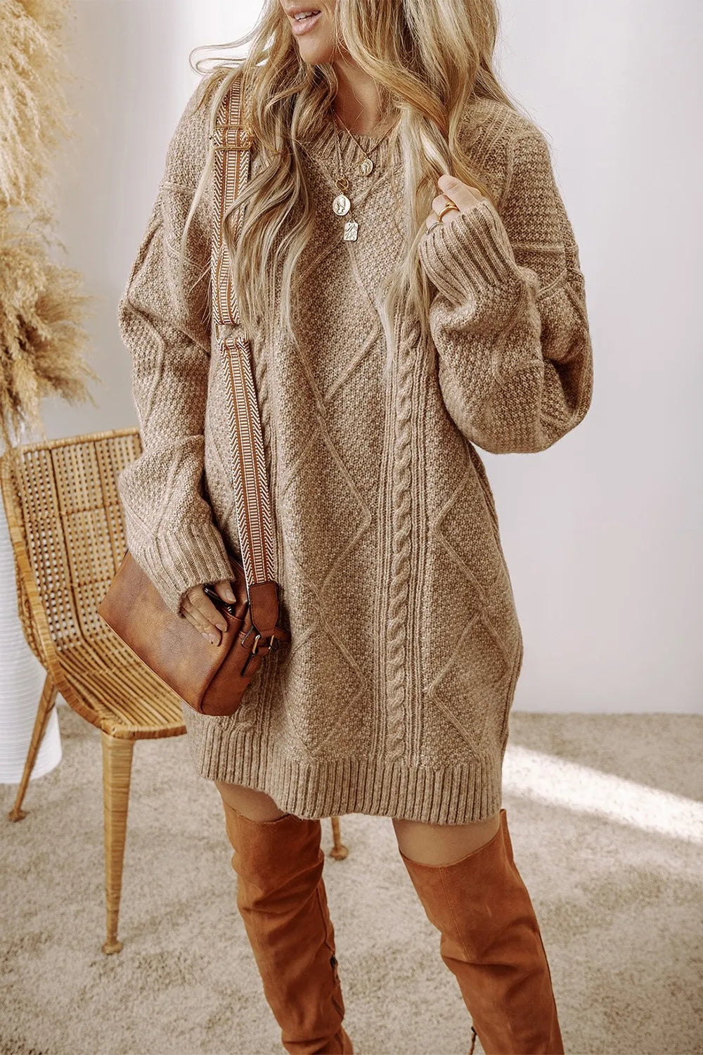 Cable-Knit Round Neck Sweater Dress - alternate view 11