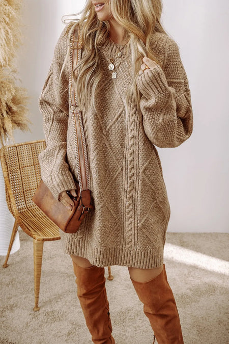 Cable-Knit Round Neck Sweater Dress - alternate view 11