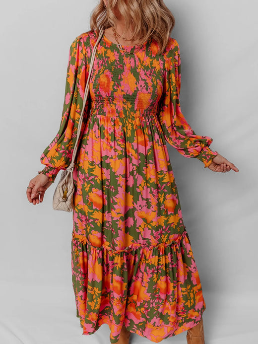Smocked Floral Print Long Sleeve Maxi Dress - alternate view 3