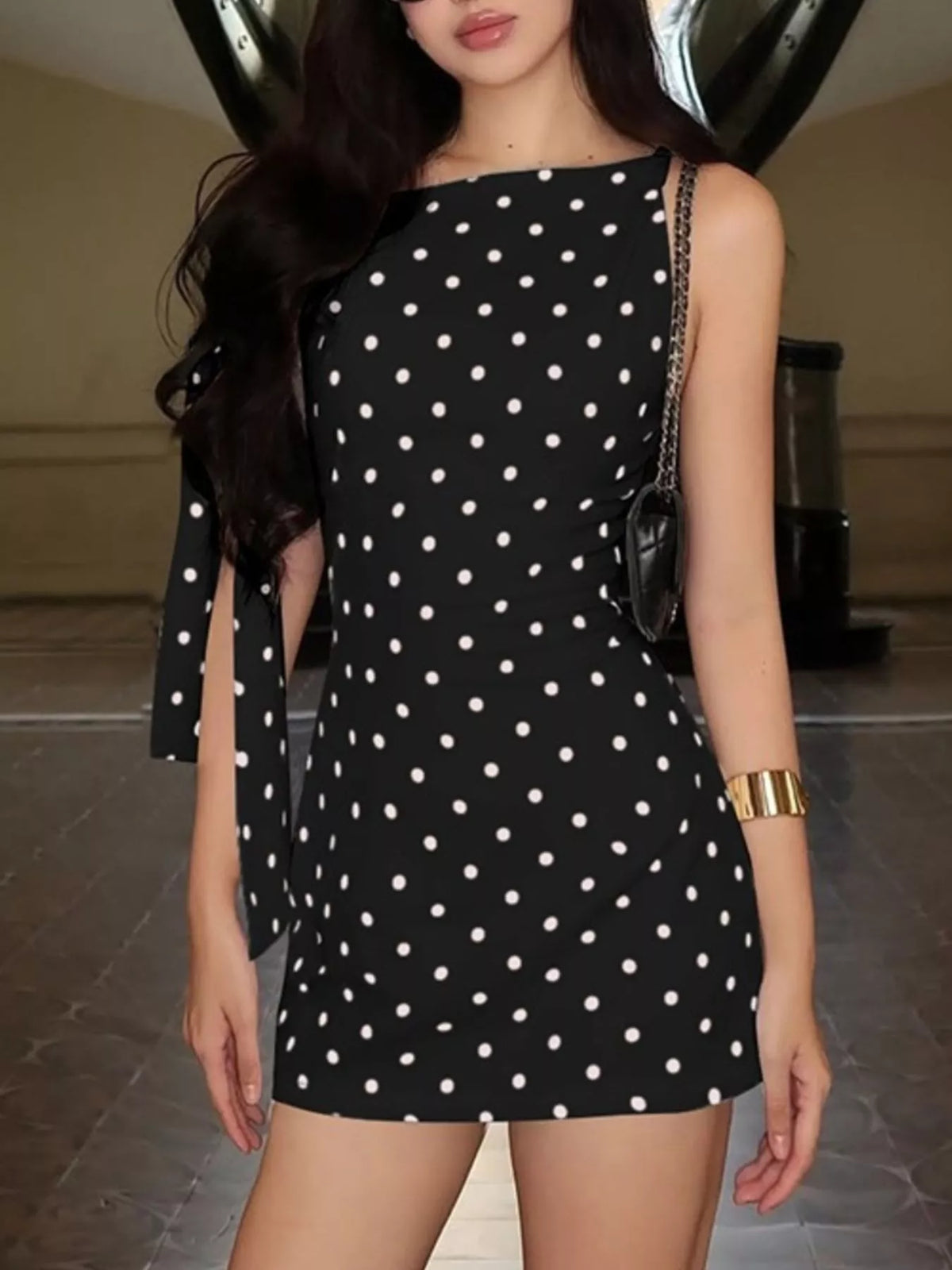 Polka Dot Sleeveless Mini Dress with Bow Accents - alternate view 3