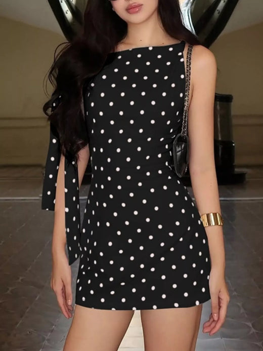 Polka Dot Sleeveless Mini Dress with Bow Accents - alternate view 3