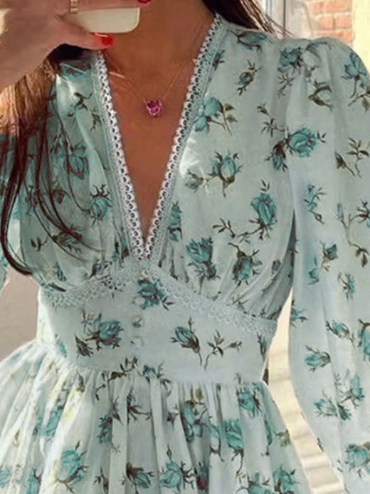 Lace Detail V-Neck Balloon Sleeve Dress - alternate view 5