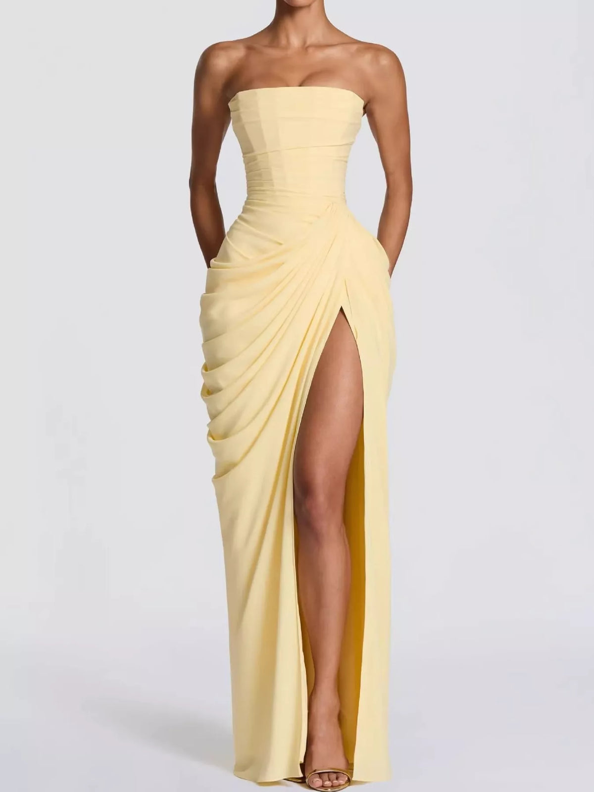Elegant Strapless Ruched High-Slit Evening Dress - alternate view 7