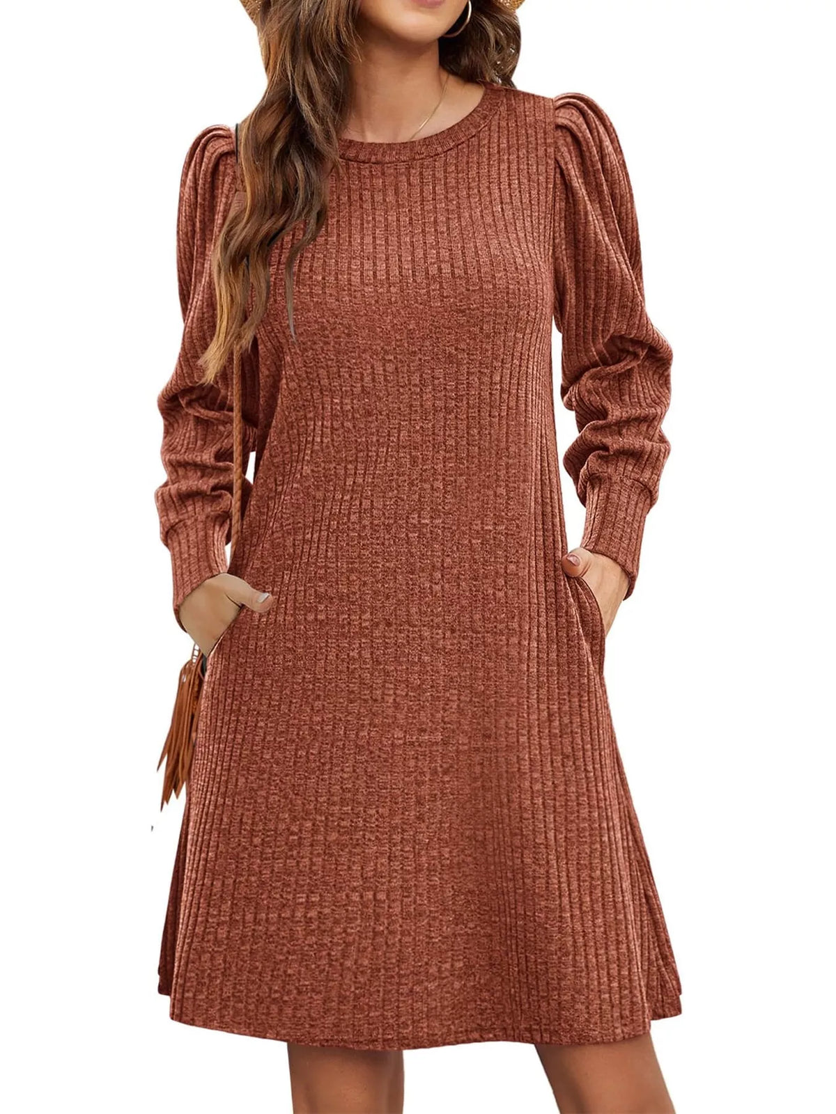 Puff Sleeve Ribbed Knit Dress with Pockets - alternate view 5