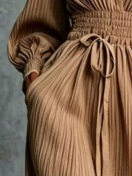 Elegant Pleated V-Neck Maxi Dress with Lantern Sleeves and Tie-Waist - alternate view 5