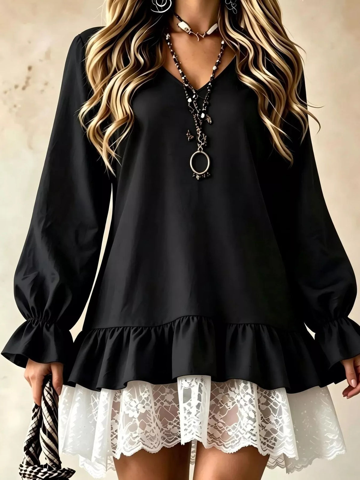 V-Neck Long Sleeve Ruffle Hem Lace Trim Mini Dress - alternate view 8