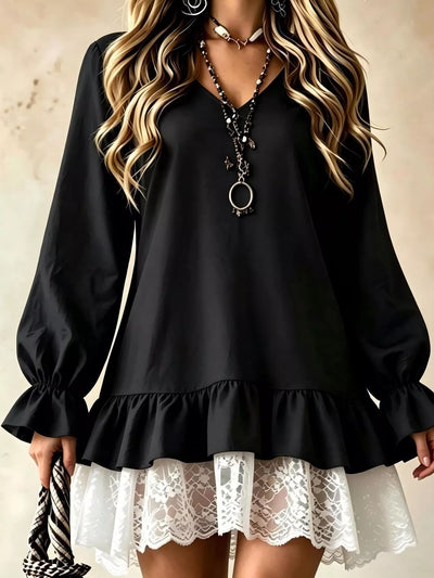 V-Neck Long Sleeve Ruffle Hem Lace Trim Mini Dress - alternate view 8