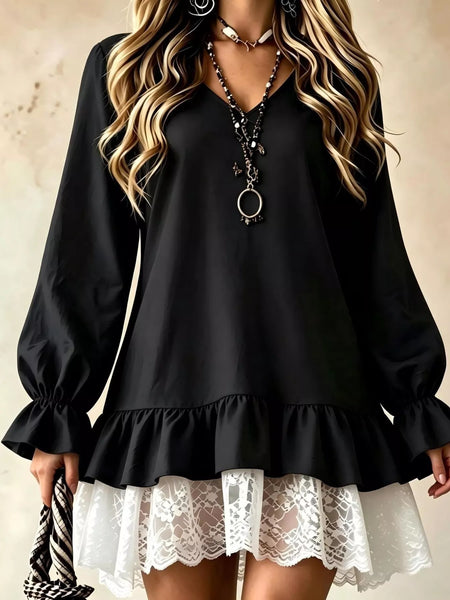 V-Neck Long Sleeve Ruffle Hem Lace Trim Mini Dress - alternate view 8