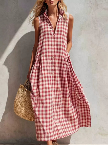 Full Size Sleeveless Gingham Button-Down Midi Dress Plus Size - alternate view 3