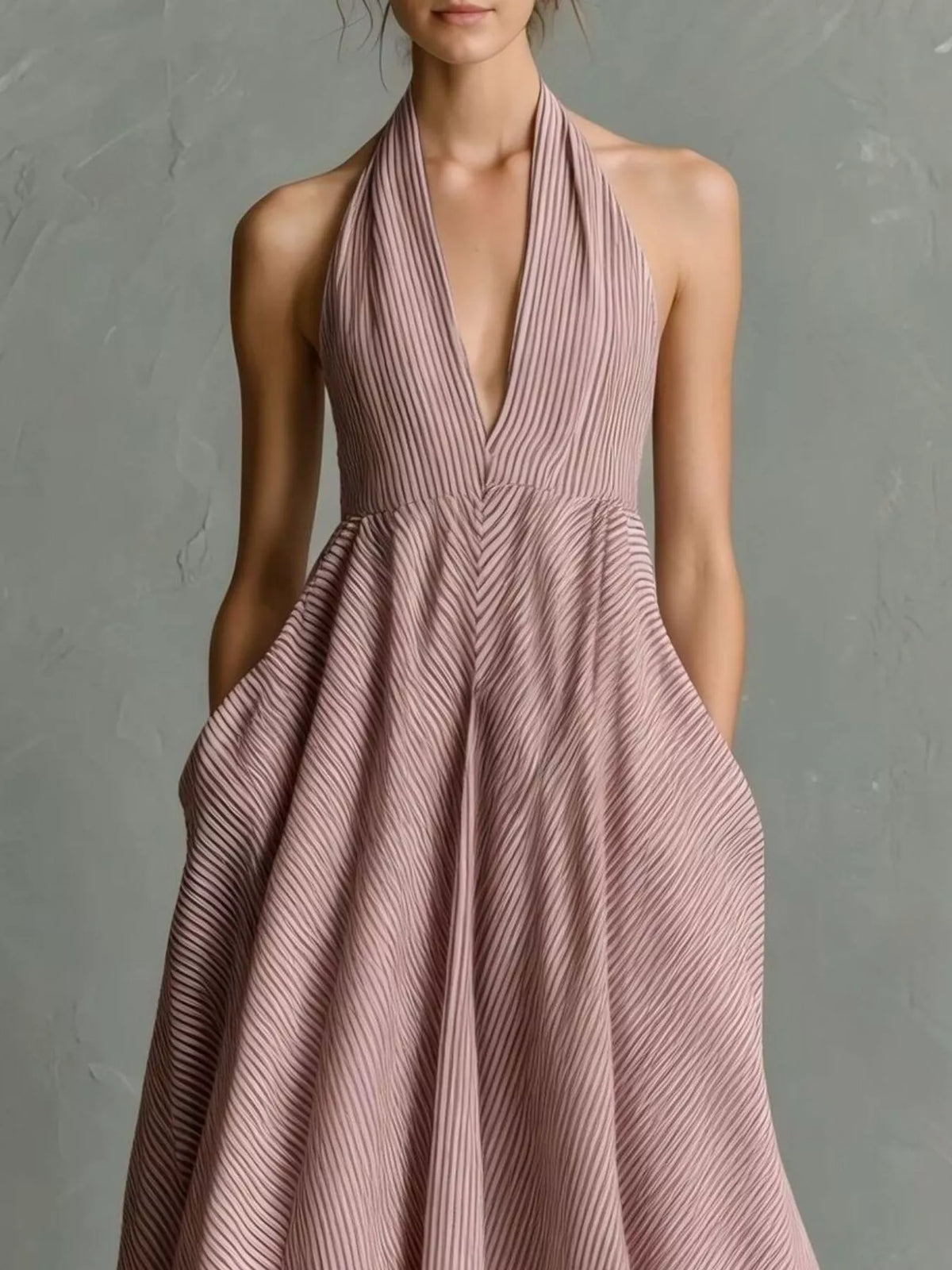 Striped Halter Neck Maxi Dress with Pockets - alternate view 10