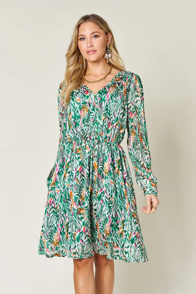 Printed Drawstring Waist Long Sleeve Dress - alternate view 2
