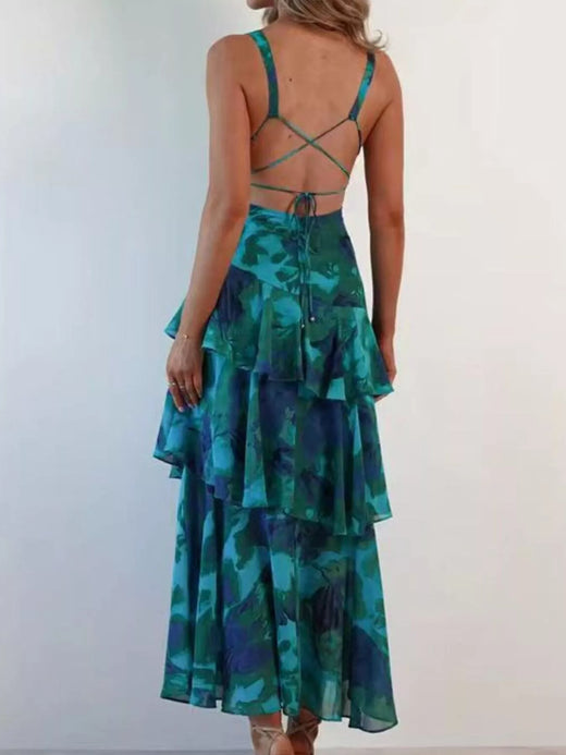 V-Neck Sleeveless Floral Print Layered Ruffle Maxi Dress - alternate view 4