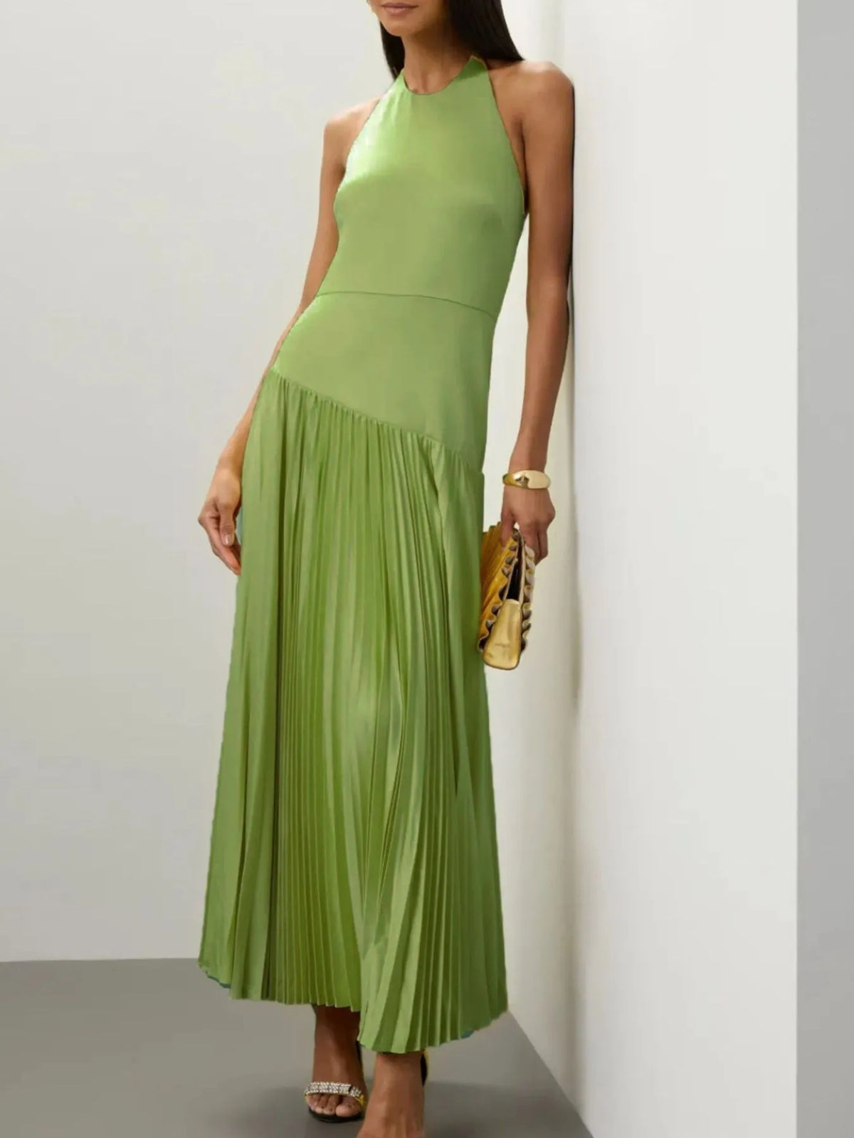 Pleated Halter Neck Sleeveless Maxi Dress
