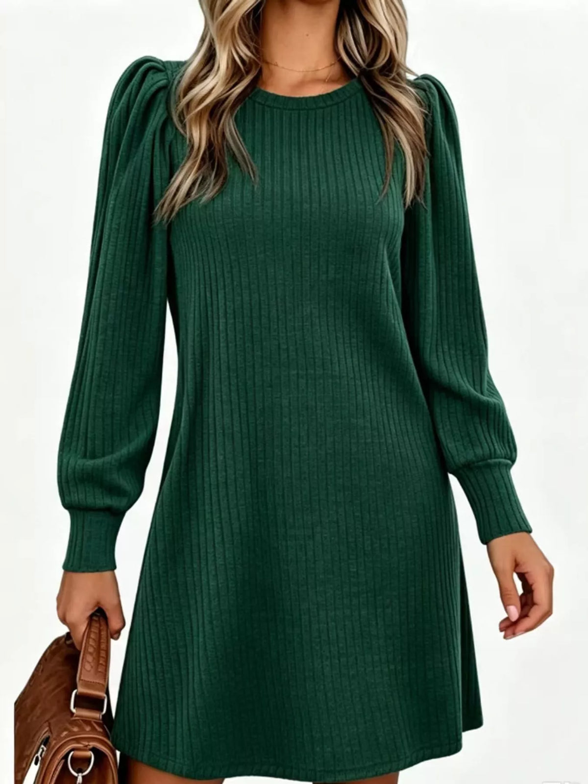 Puff Sleeve Ribbed Knit Long Sleeve Mini Dress with Pockets - alternate view 12