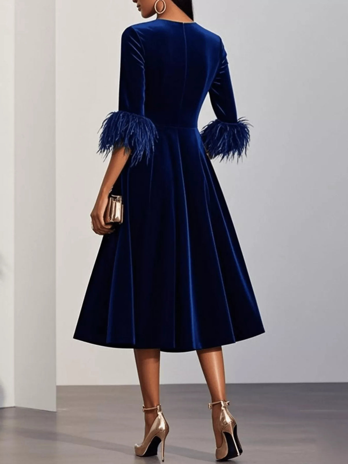 Velvet Midi Dress with Feather Cuffs - alternate view 2