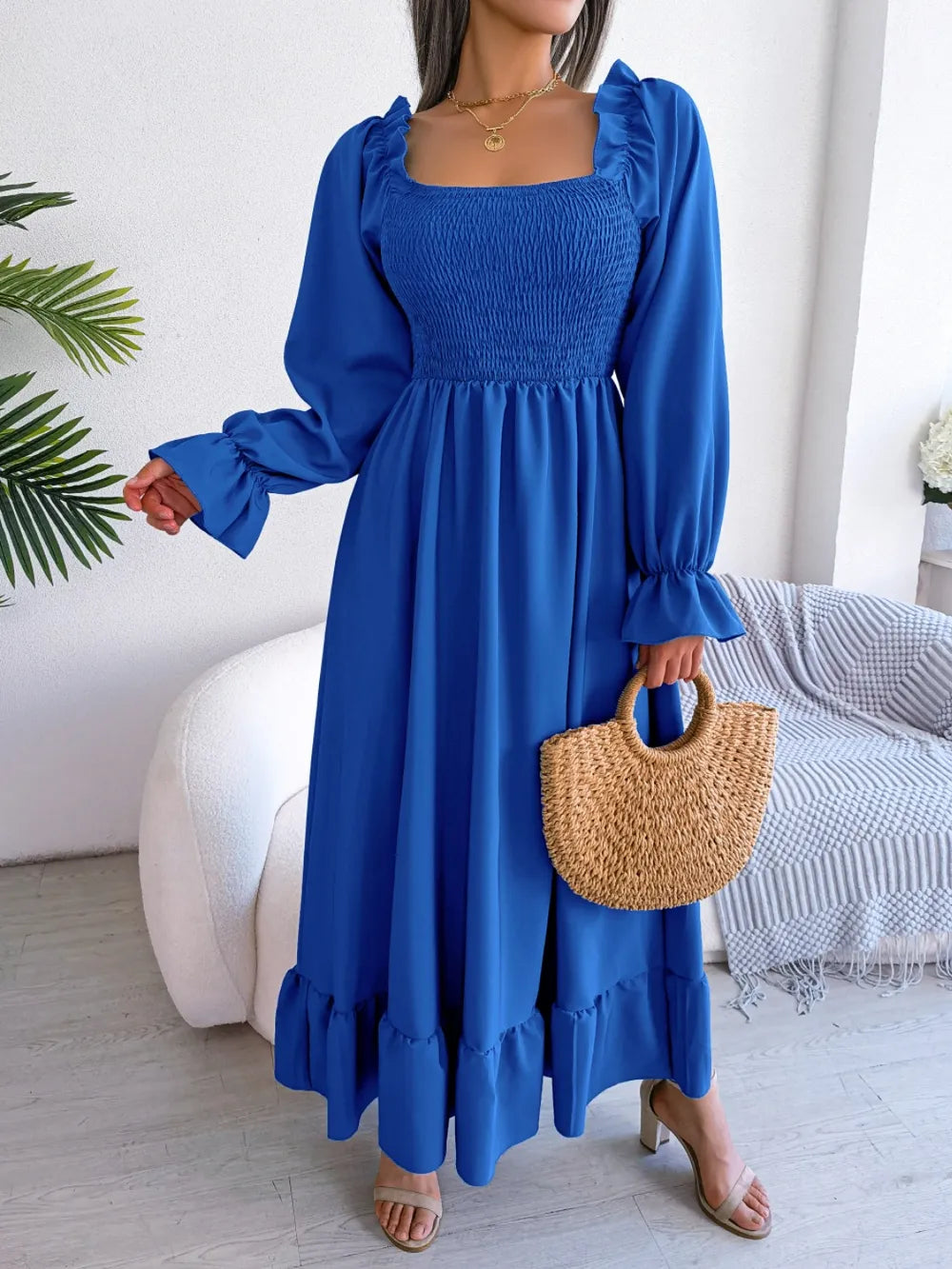 Smocked Square Neck Flounce Sleeve Dress - alternate view 31