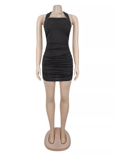 Rhinestone Ruched Halter Neck Bodycon Mini Dress - alternate view 5