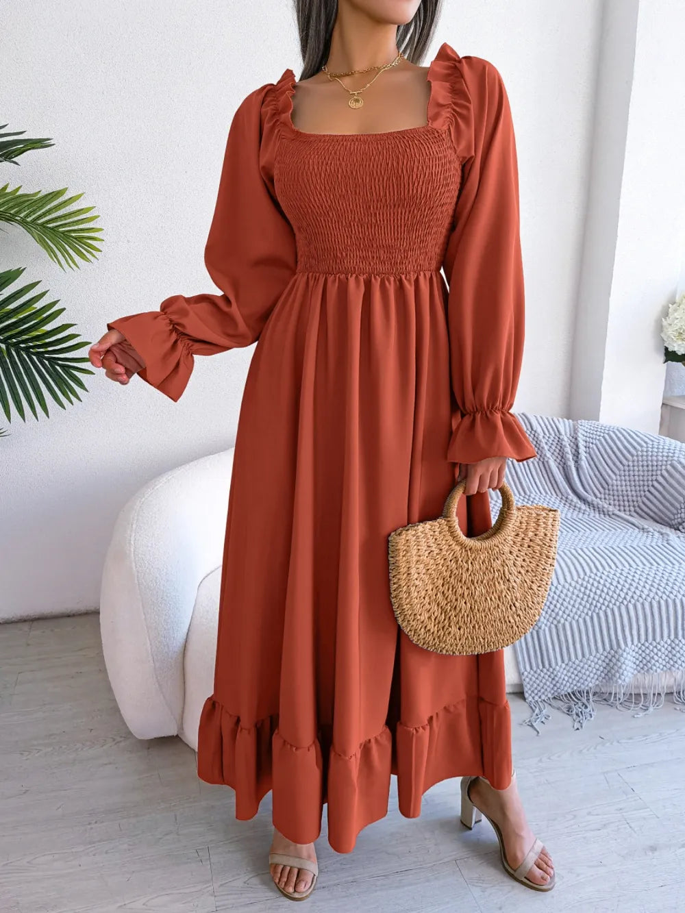 Smocked Square Neck Flounce Sleeve Dress - alternate view 6