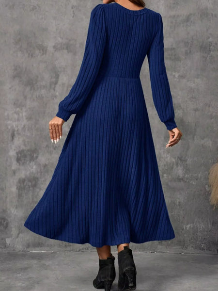 Ribbed Knit Long Sleeve A-Line Midi Dress - alternate view 21