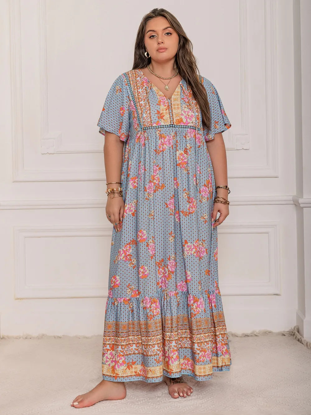 Printed Tie Neck Flutter Sleeve Maxi Dress - alternate view 6