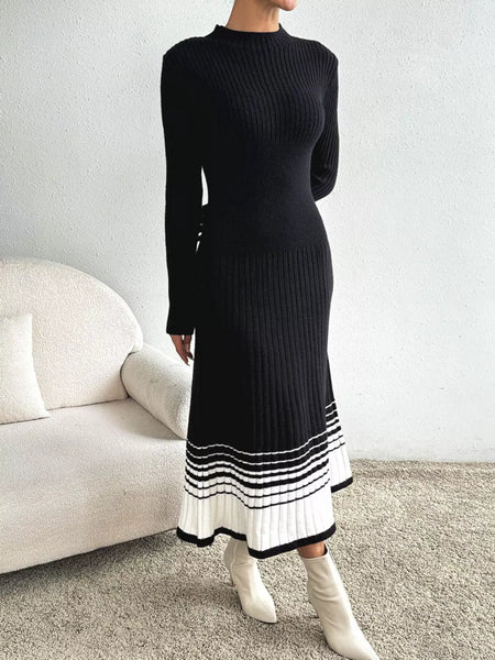 Ribbed Knit Sweater Dress with Striped Hem - alternate view 4