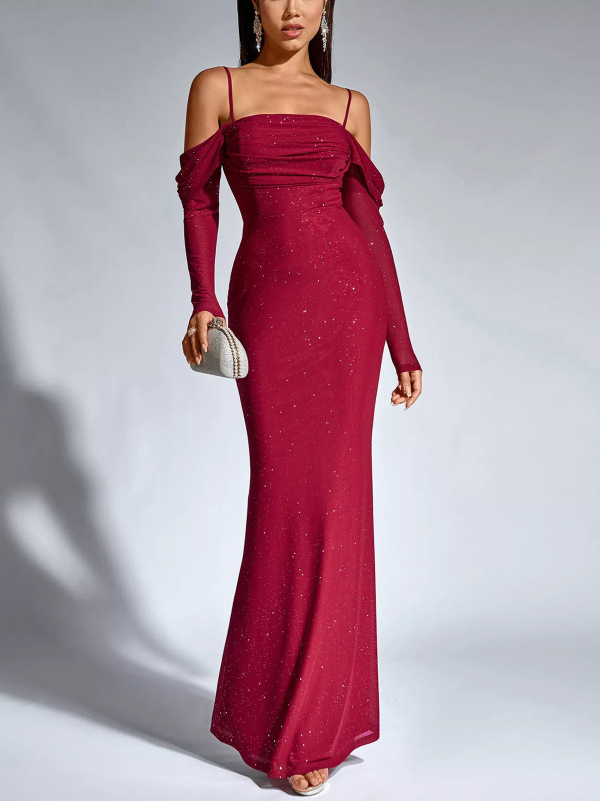 Glitter Ruched Long Sleeve Mermaid Maxi Dress - alternate view 4