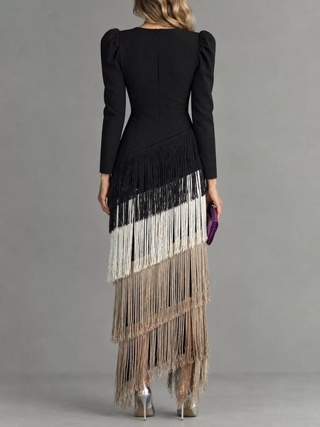 Fringed V-Neck Puff Sleeve Maxi Dress - alternate view 30