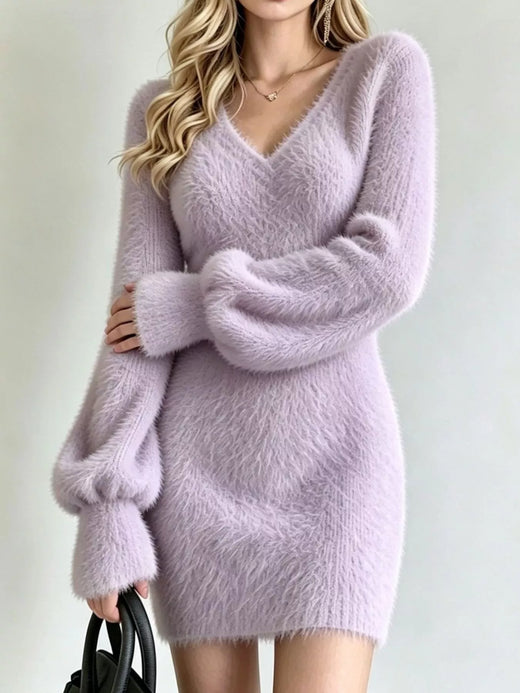 V-Neck Fuzzy Knit Sweater Mini Dress - alternate view 5