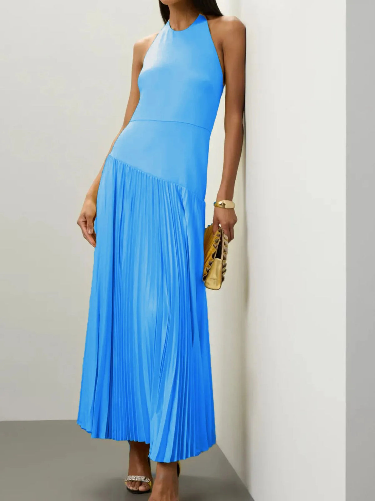 Pleated Halter Neck Sleeveless Maxi Dress - alternate view 9