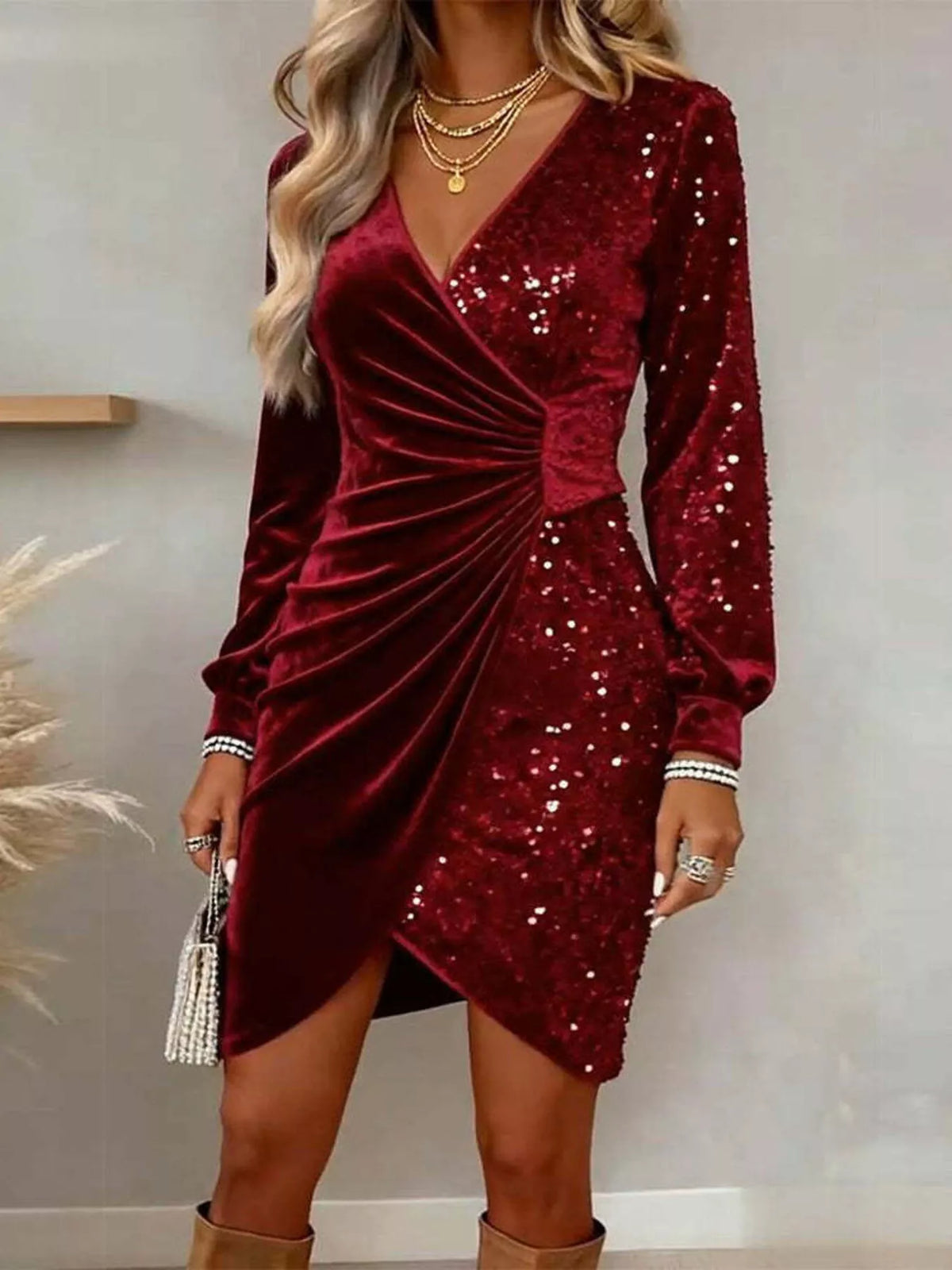 Velvet Sequin Long Sleeve Wrap Dress - alternate view 8