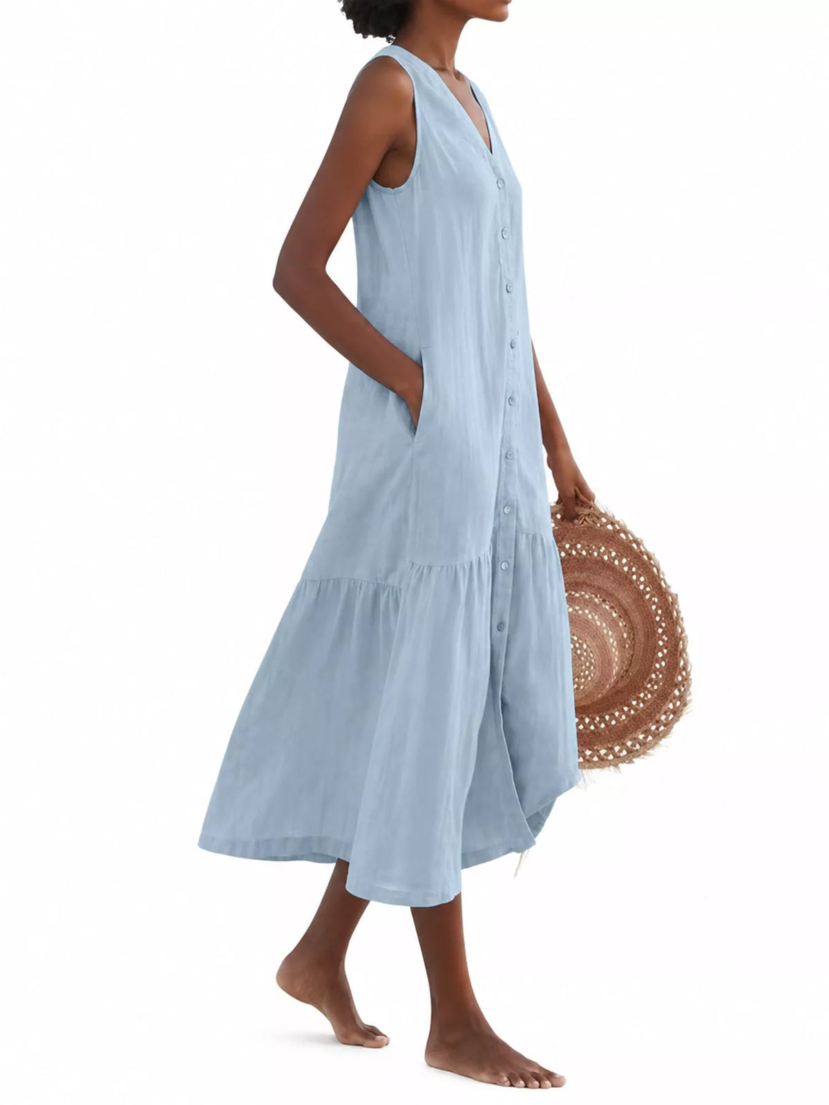 Full Size V-Neck Button Front Sleeveless Midi Dress Plus Size - alternate view 12
