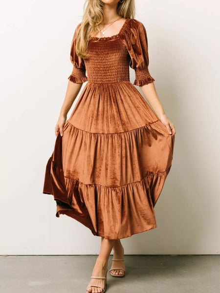 Velvet Smocked Tiered Midi Dress - alternate view 4
