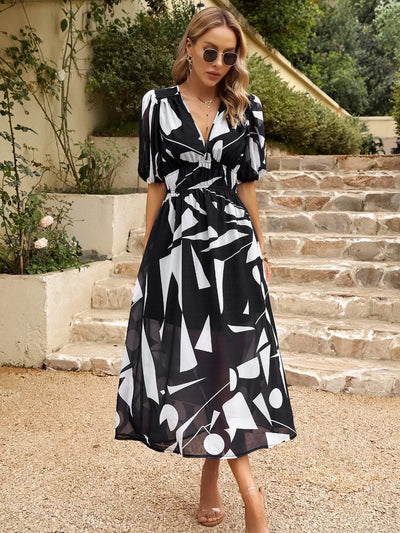 Devine Smocked Printed V-Neck Half Sleeve Midi Dress - alternate view 13