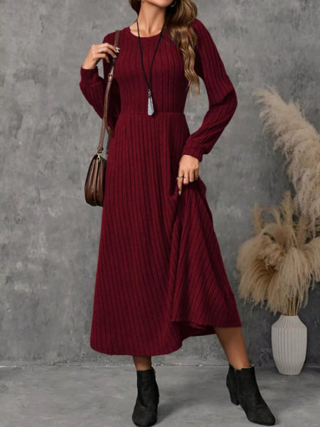 Ribbed Knit Long Sleeve A-Line Midi Dress - alternate view 10