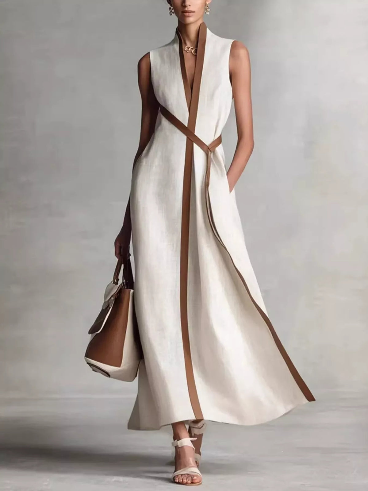 Full Size Sleeveless Wrap Maxi Dress with Contrast Trim Plus Size