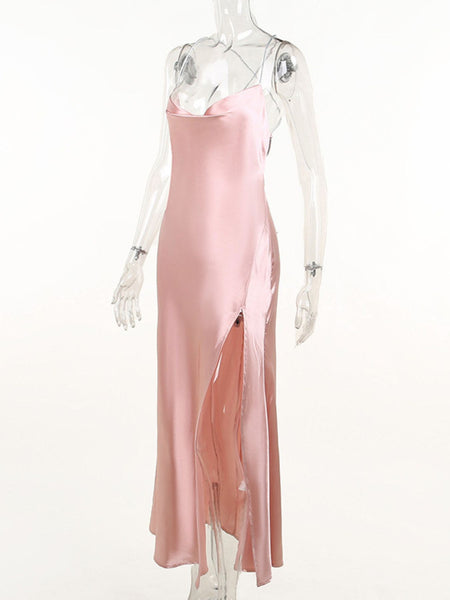 Slinky Satin Cowl Neck High Slit Dress with Back Lace Up - alternate view 12