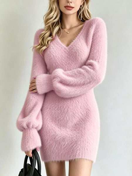 Fuzzy V-Neck Long Sleeve Sweater Dress - alternate view 2