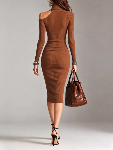 Cold-Shoulder Turtleneck Ribbed Knit Long Sleeve Midi Dress - alternate view 11