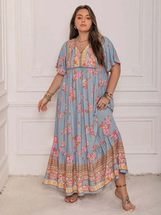Printed Tie Neck Flutter Sleeve Maxi Dress - alternate view 3