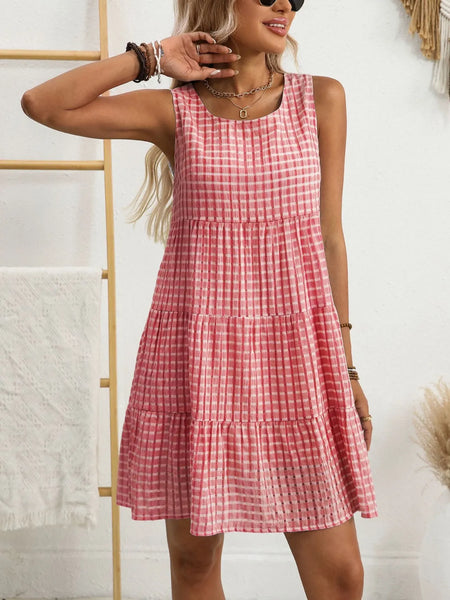 Plaid Round Neck Sleeveless Mini Dress - alternate view 17